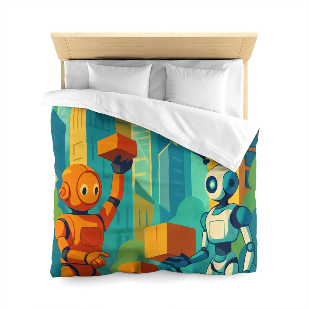 Housse de couette futuriste avec robots colorés dans une ville moderne lumineuse