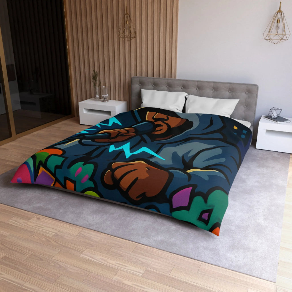 Housse de couette avec artiste hip-hop en hoodie et graffitis colorés de rue