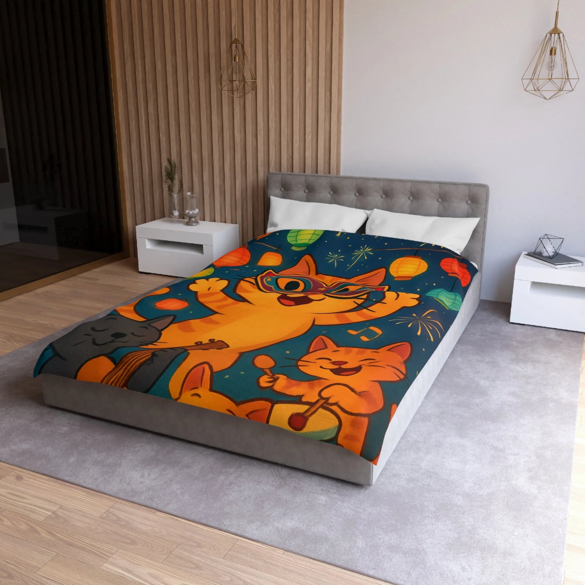 Housse de couette festive avec chats joyeux, feux d'artifice et lanternes colorées