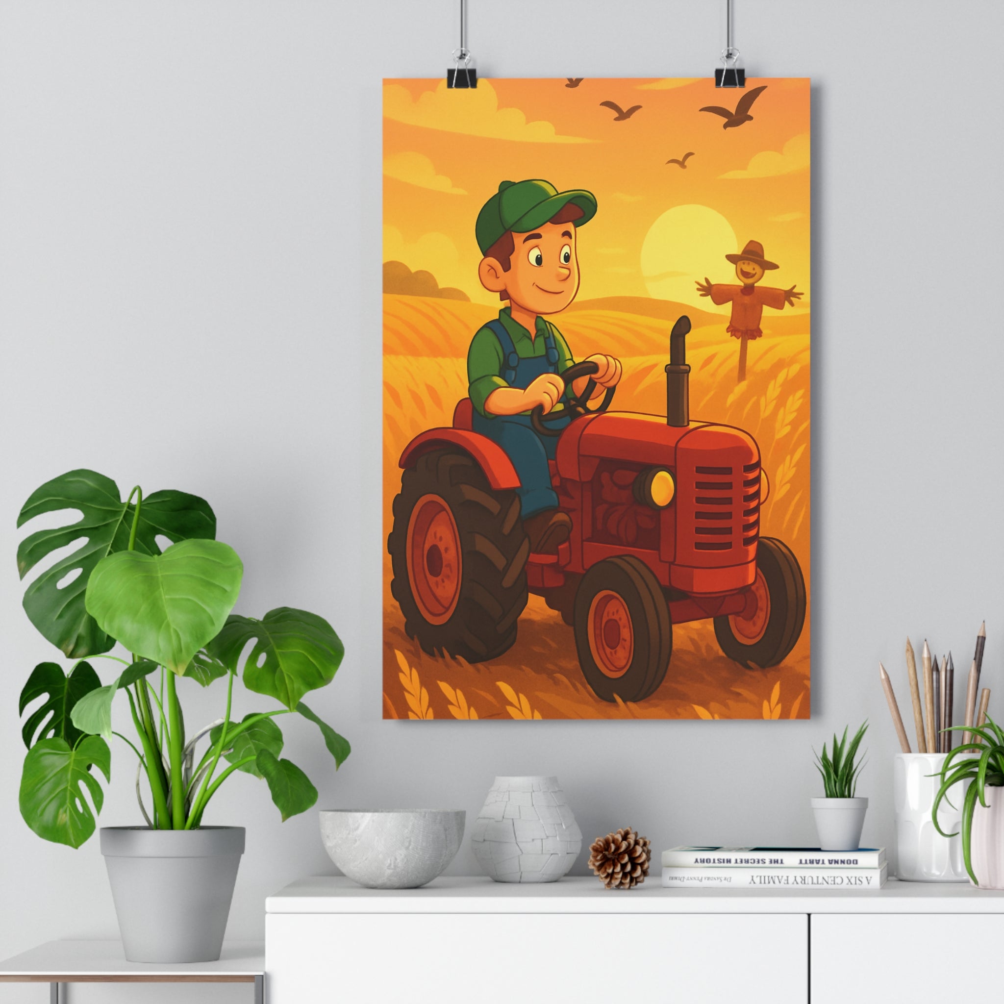 Poster décoratif agricole rouge jaune cartoon joyeux enfant chambre lumineux chaleureux nature campagne tracteur