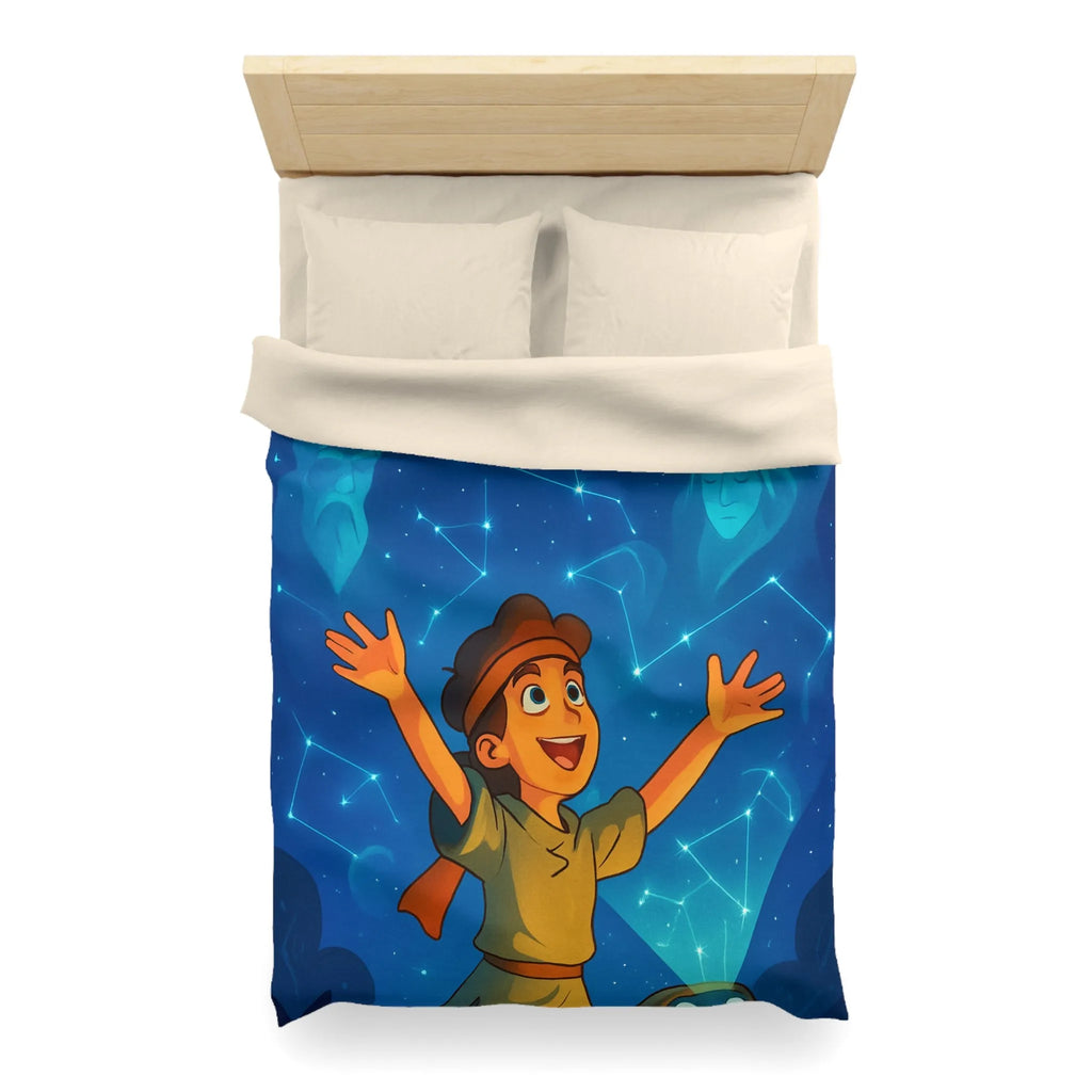Housse de couette illustrée nocturne avec enfant, robot et constellations célestes inspirantes