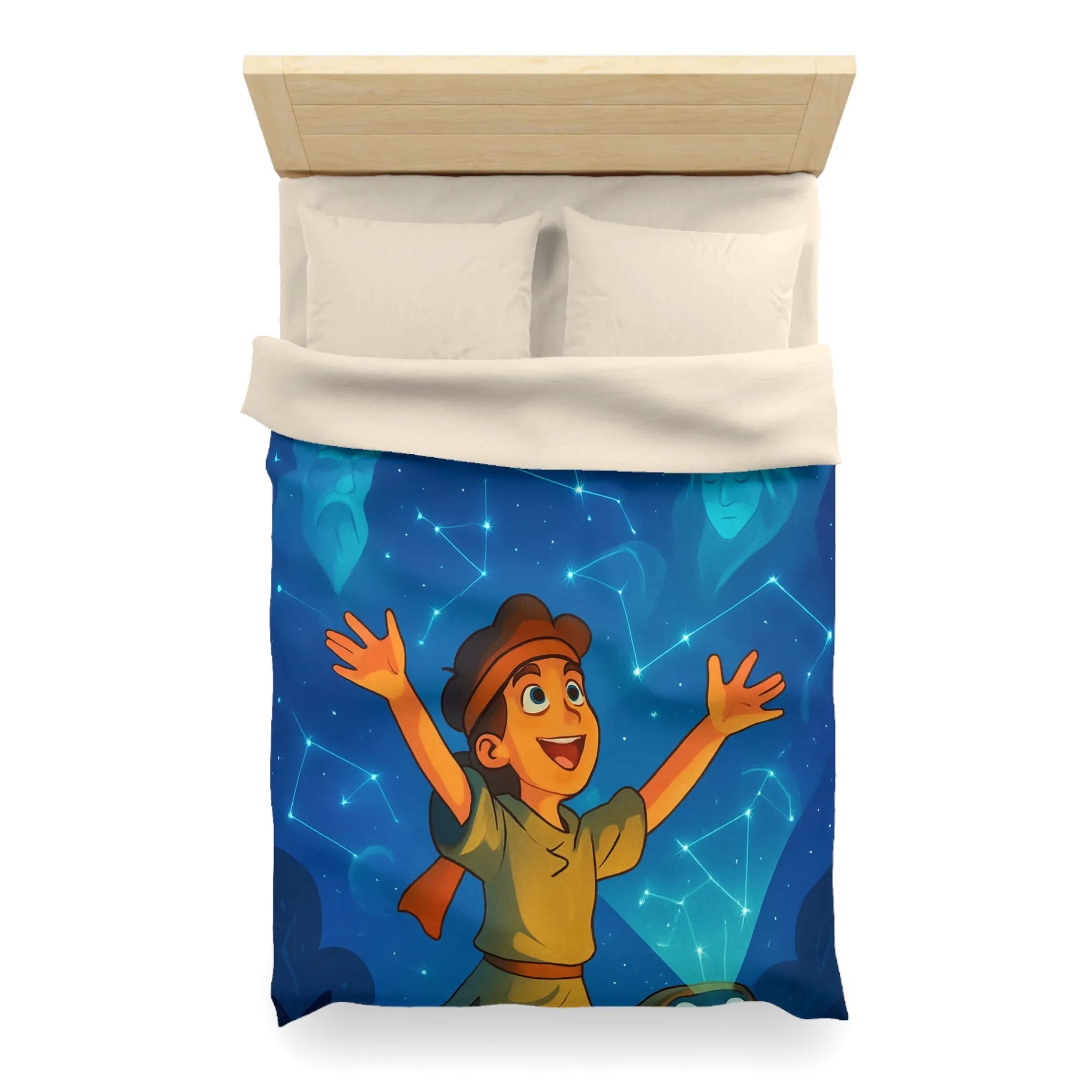 Housse de couette illustrée nocturne avec enfant, robot et constellations célestes inspirantes