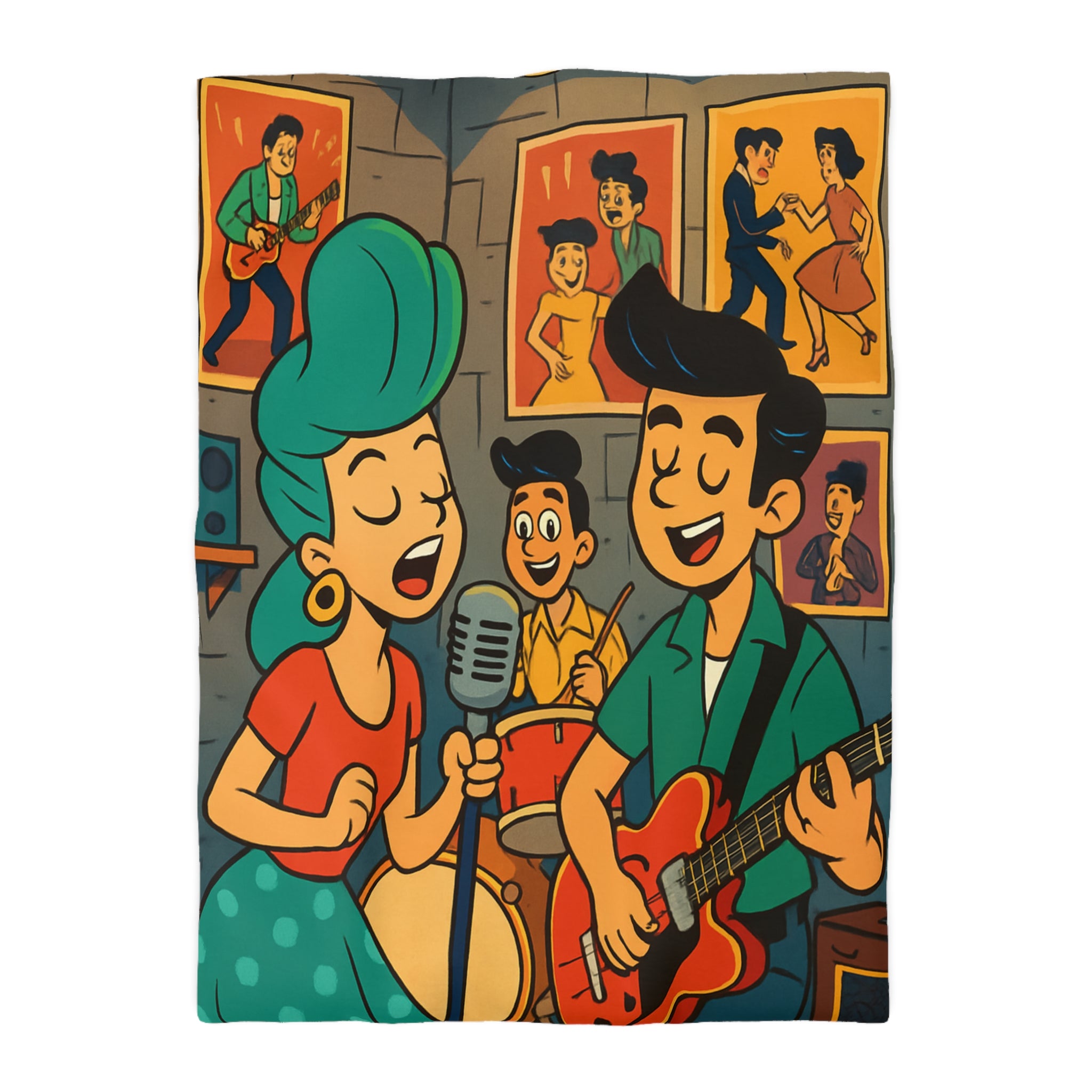 Housse de couette rétro ambiance années 50 avec musiciens et affiches colorées vintage