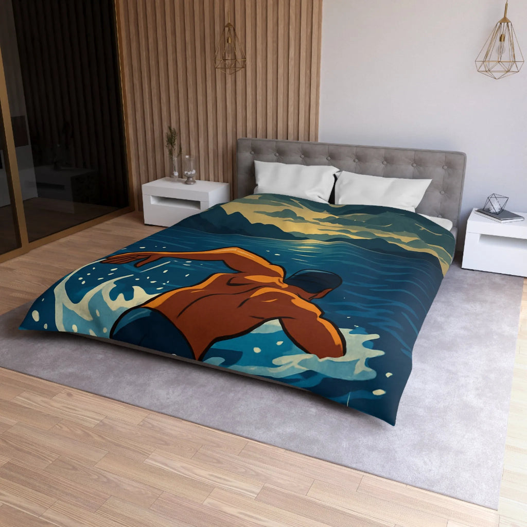 Housse de Couette avec Nageur Solitaire au Clair de Lune sur Océan Étincelant