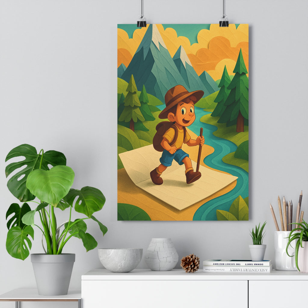 Poster décoratif aventurier dessin animé paysage montagne vert bleu orange chambre enfant chaleureux ludique