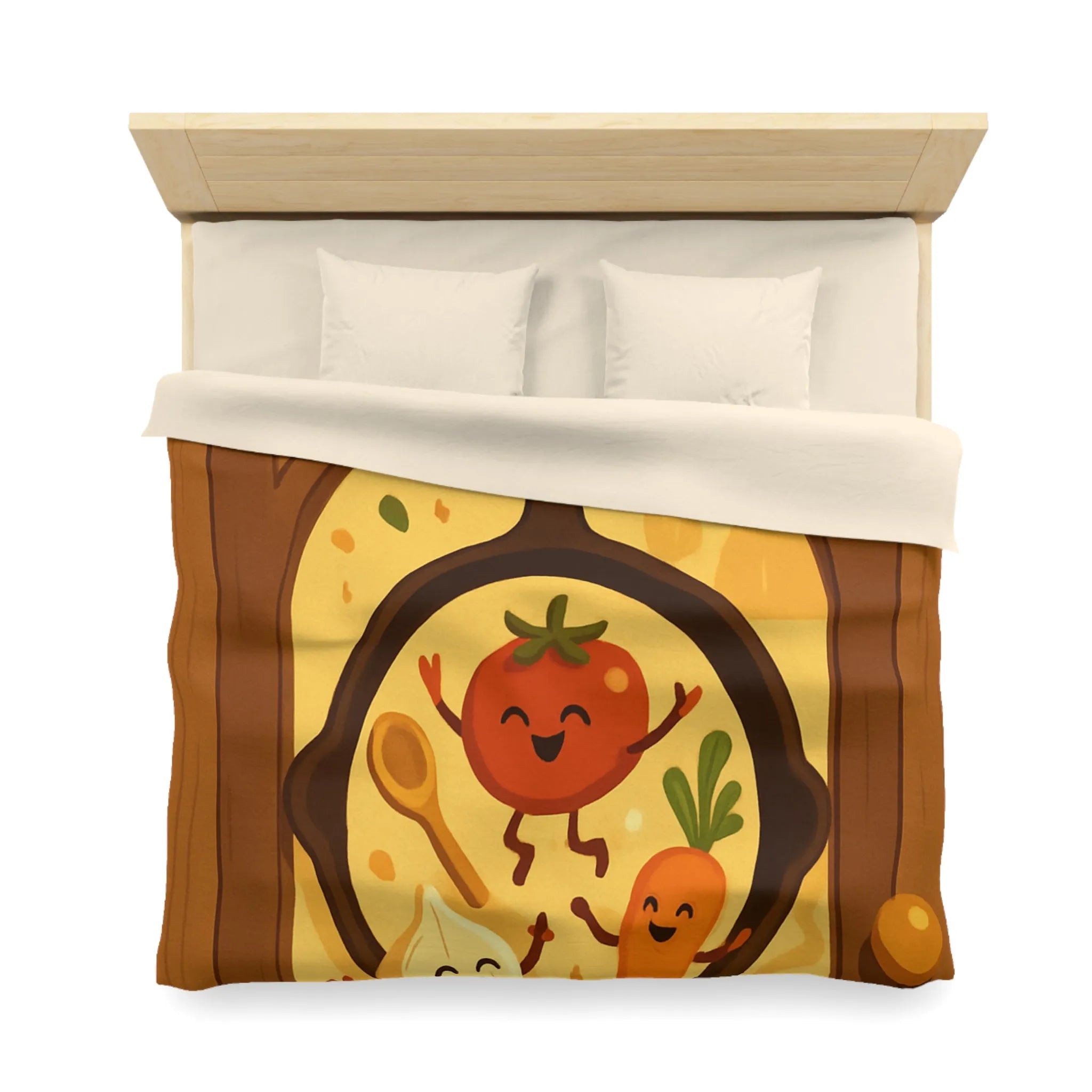 Housse de couette joyeuse avec légumes dans une poêle ambiance cuisine chaleureuse