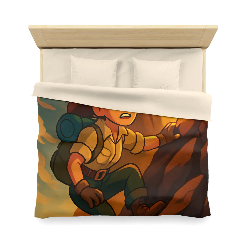 Housse de couette aventure colorée avec jeune explorateur et singe devant grotte lumineuse