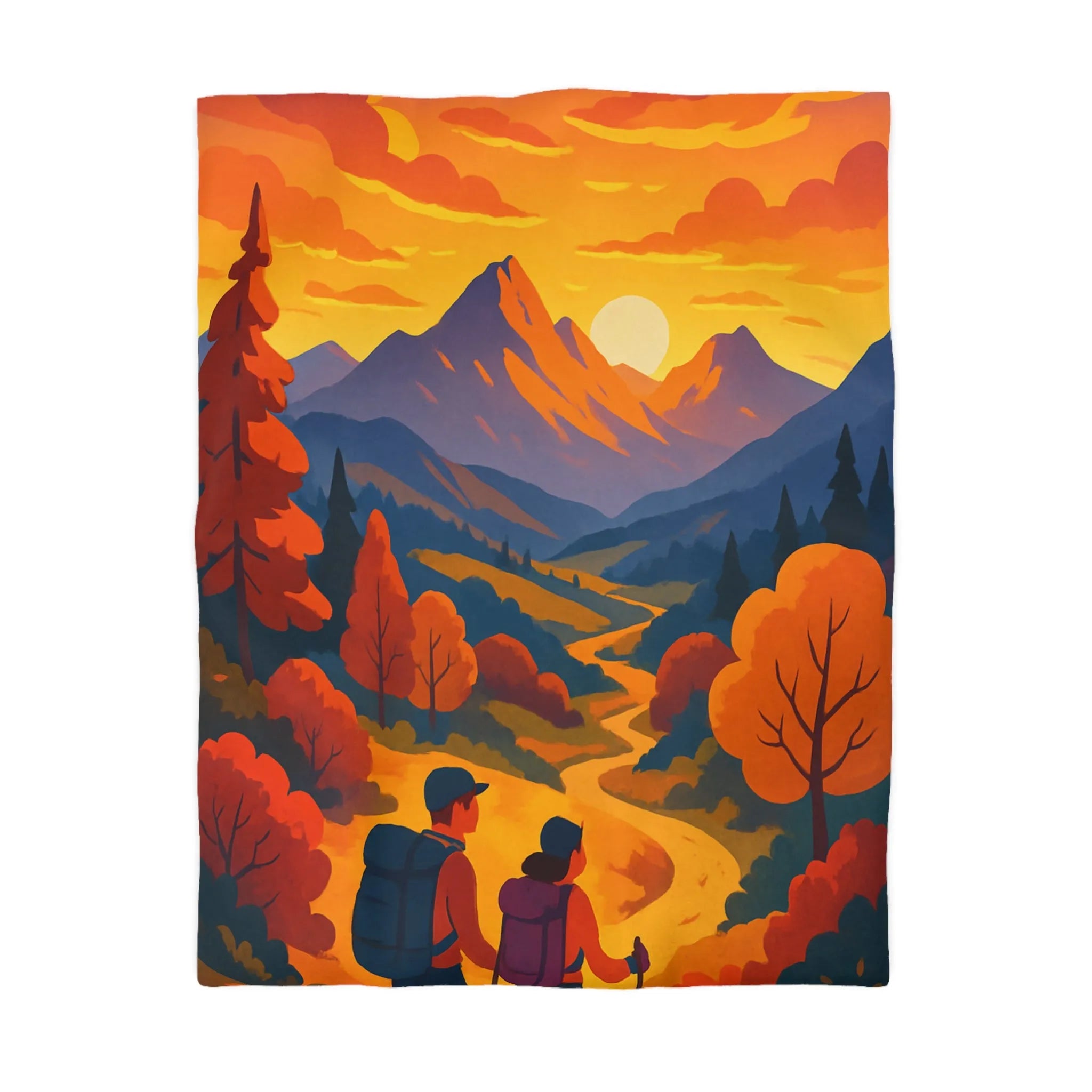 Housse de couette colorée avec paysage de montagne au coucher du soleil pour randonneurs