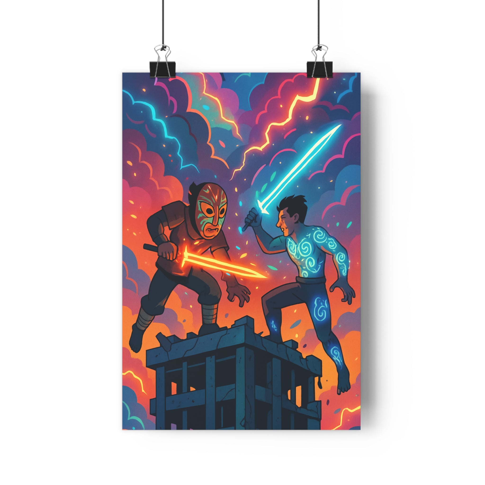 Poster décoratif lumineux épée orange bleu japonais dynamique dramatique chambre salon moderne animé intense