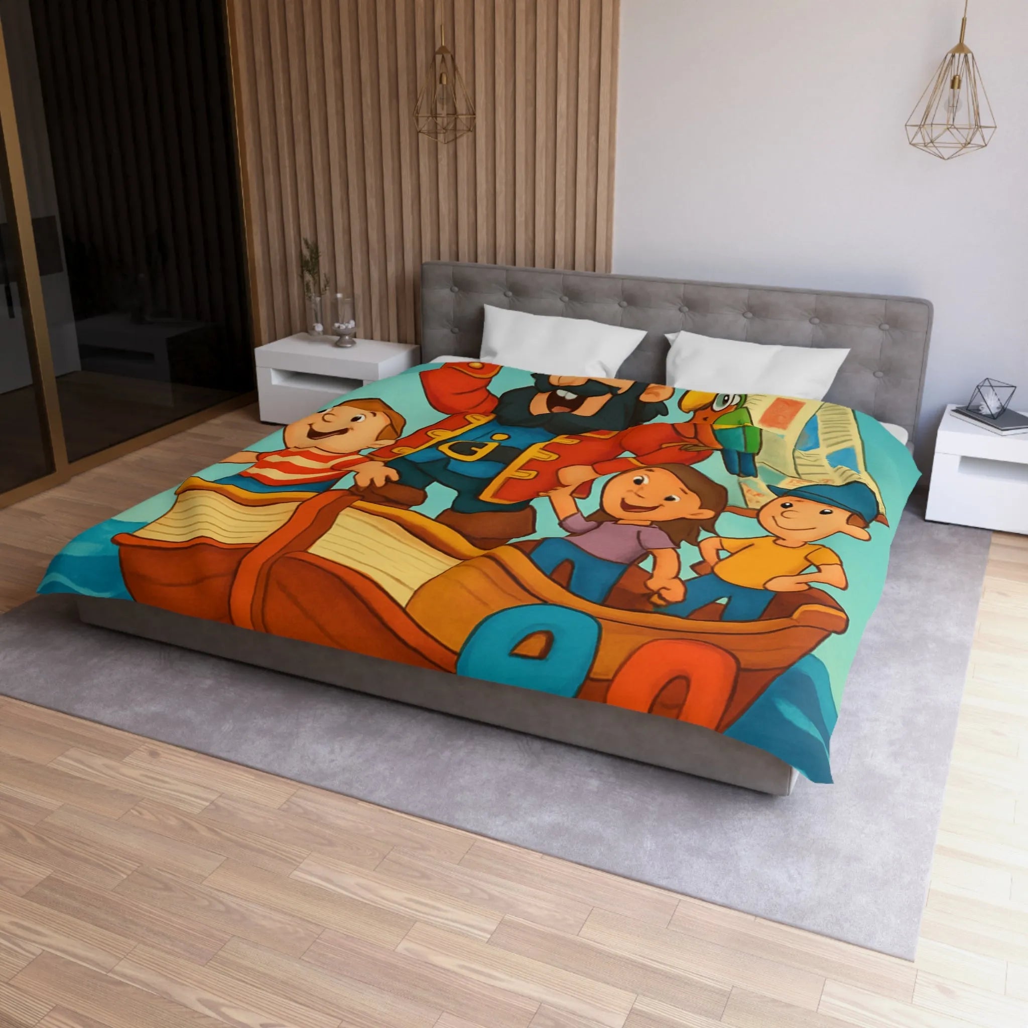 Housse de couette enfant pirate avec voyelles, perroquet et mer colorée