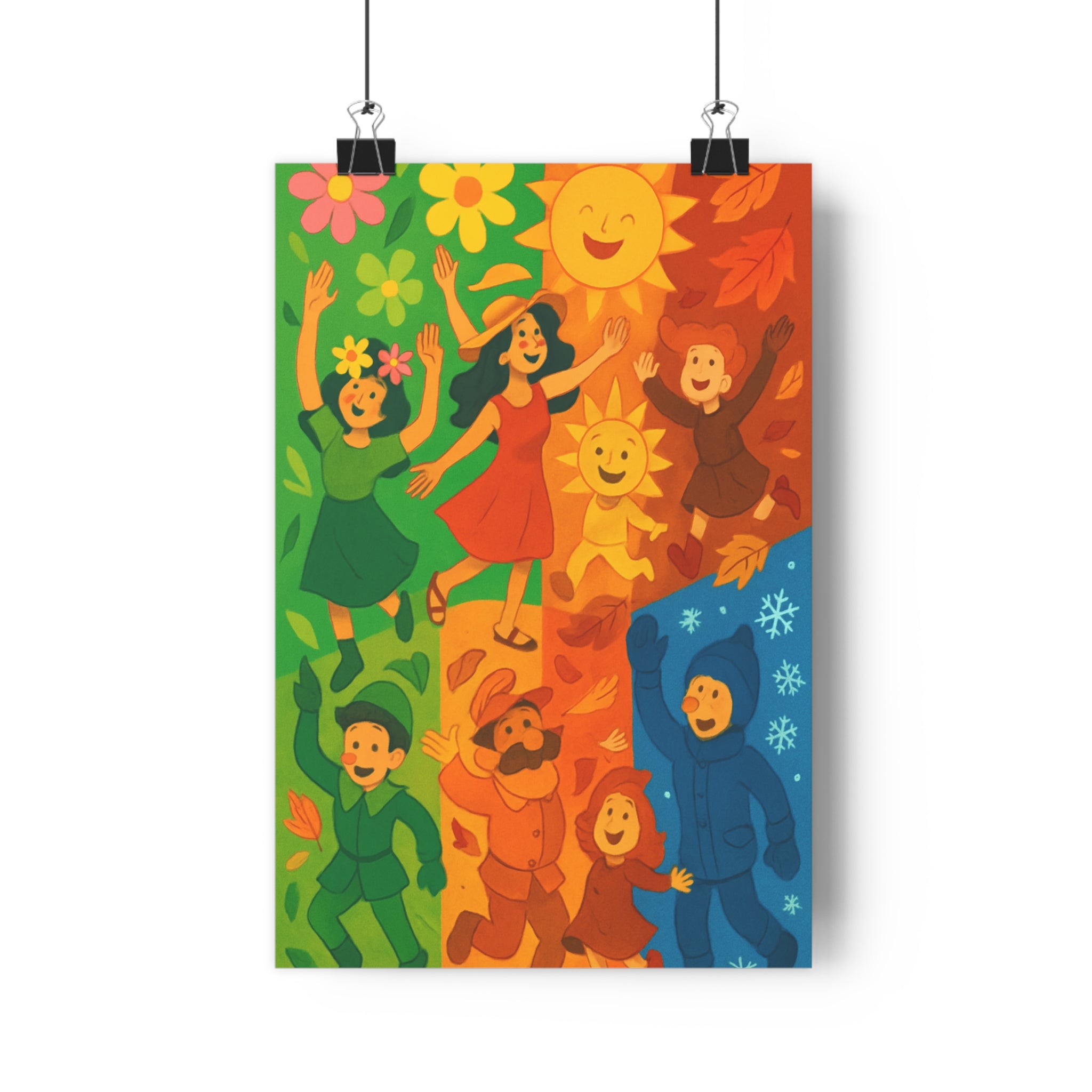 Poster décoratif cartoon joyeux fleurs soleil feuilles neige couleurs vives chambre qualité saisonnier vibrant