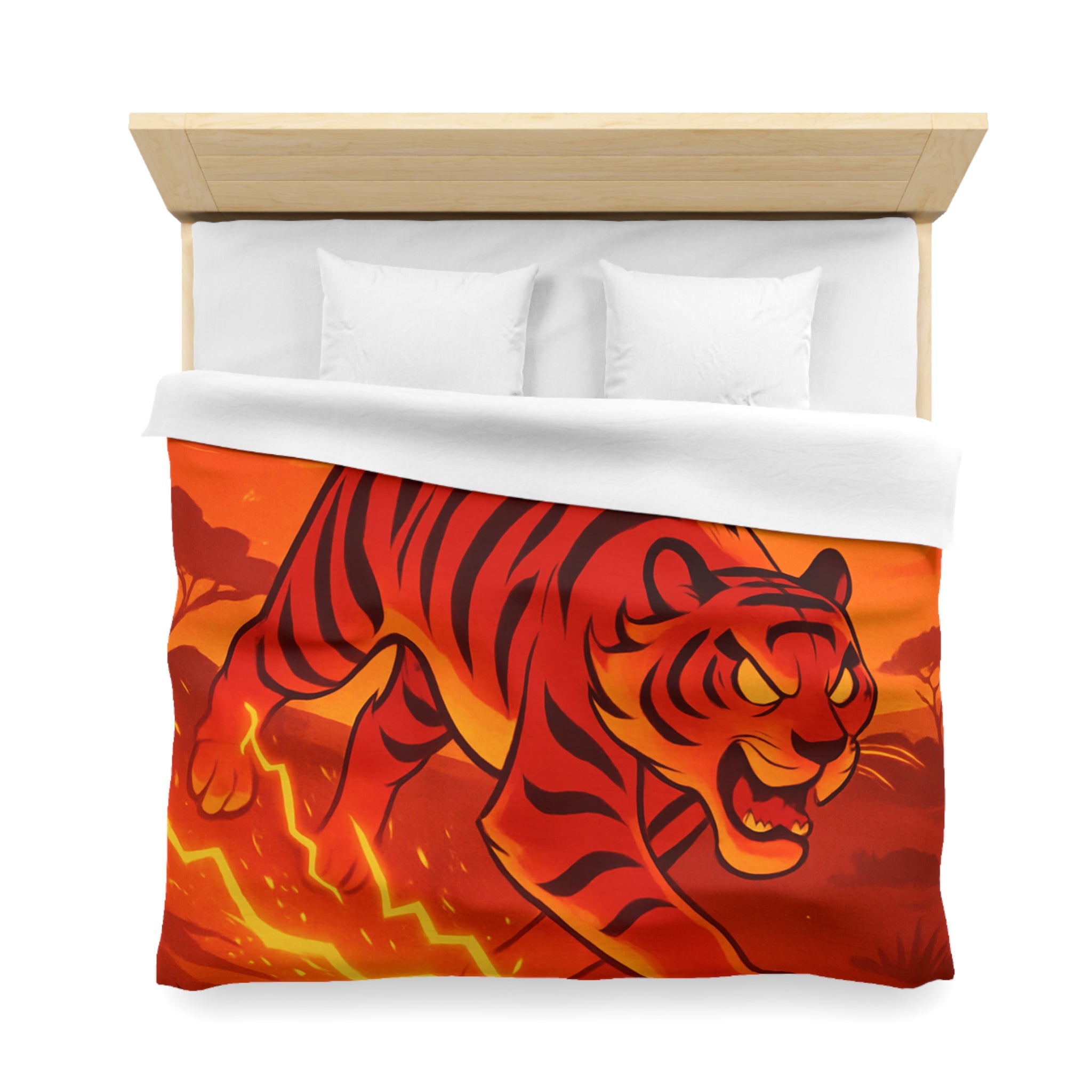 Housse de couette tigre dynamique avec coucher de soleil flamboyant en arrière-plan vibrant