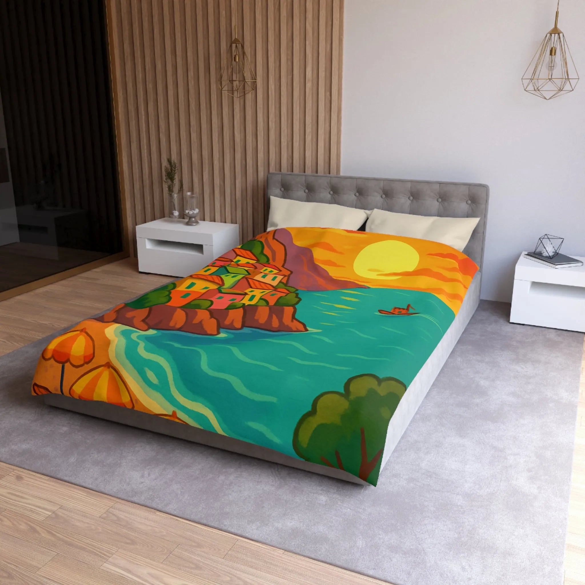 Housse de couette avec paysage côtier éclatant sous coucher de soleil vibrant et artistique