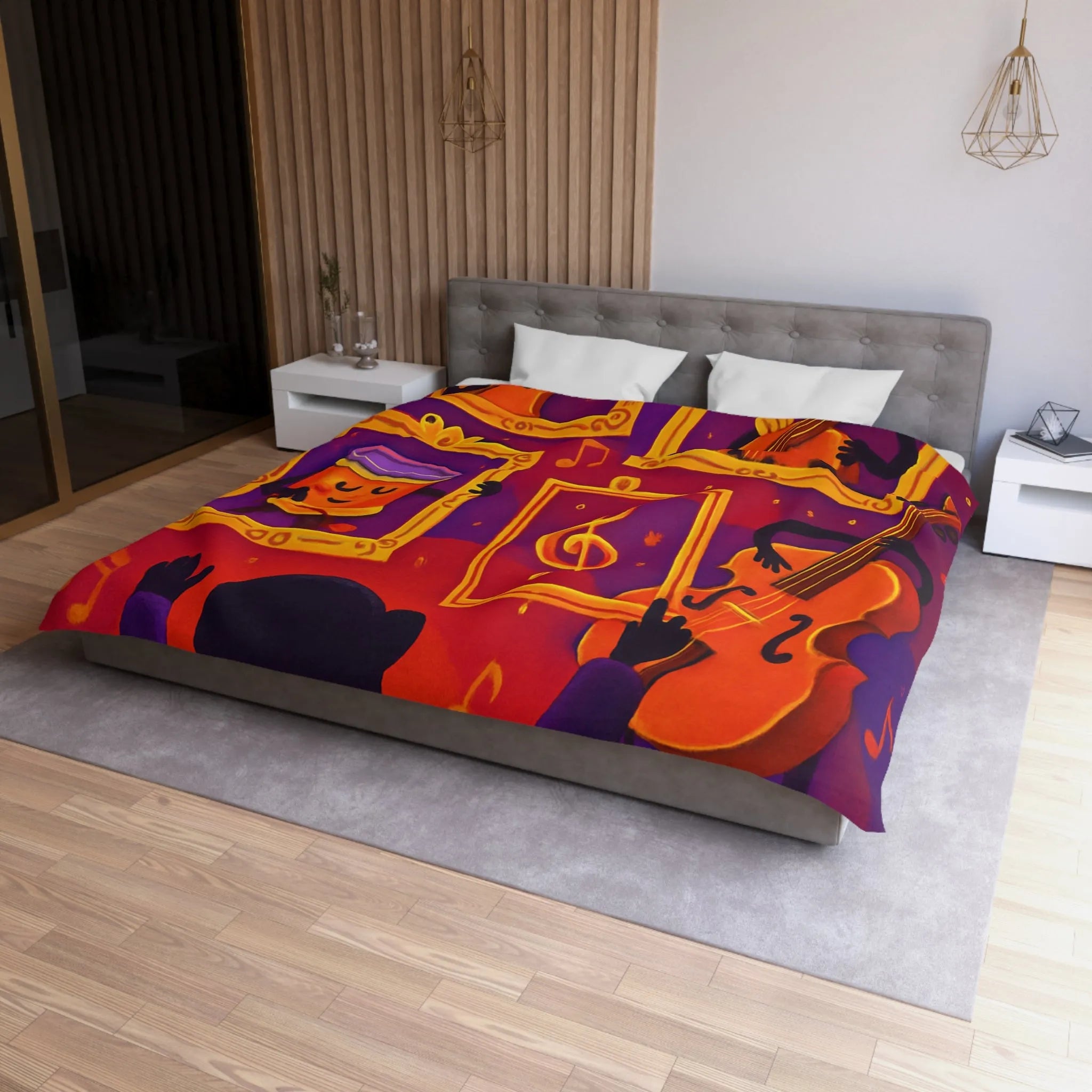 Housse de couette avec motifs musicaux colorés et cadres en pleine symphonie orchestrale