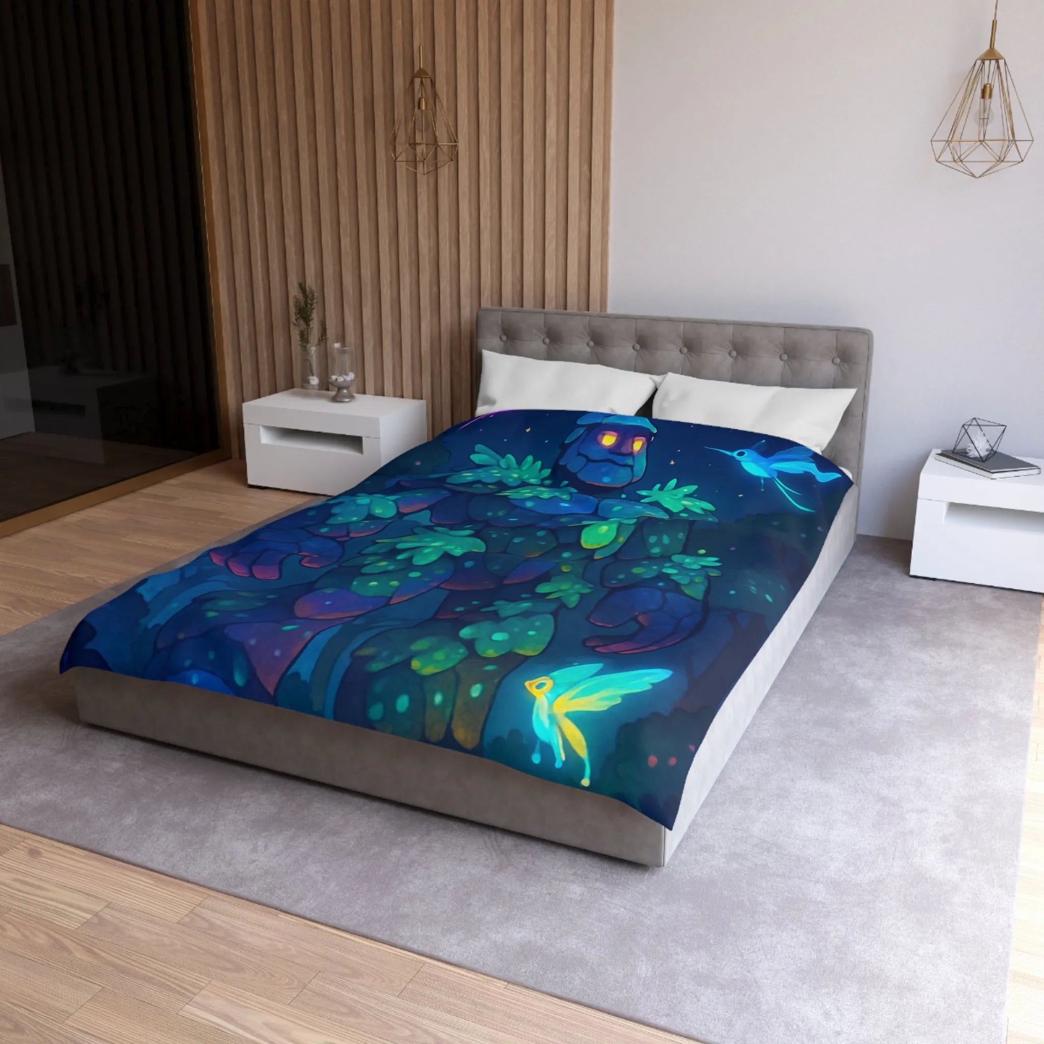 Housse de Couette Féérique avec Golem Lumineux et Fées dans la Forêt Nocturne