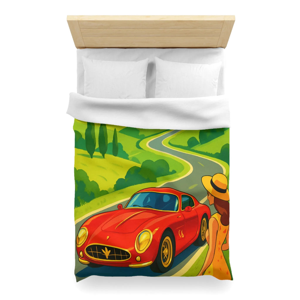 Housse de Couette Colorée avec Paysage Champêtre, Route Sinueuse et Voiture Rouge