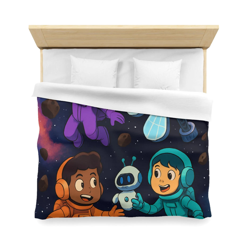 Housse de couette inspirée espace enfants, astronautes colorés, étoiles et planètes joyeuses