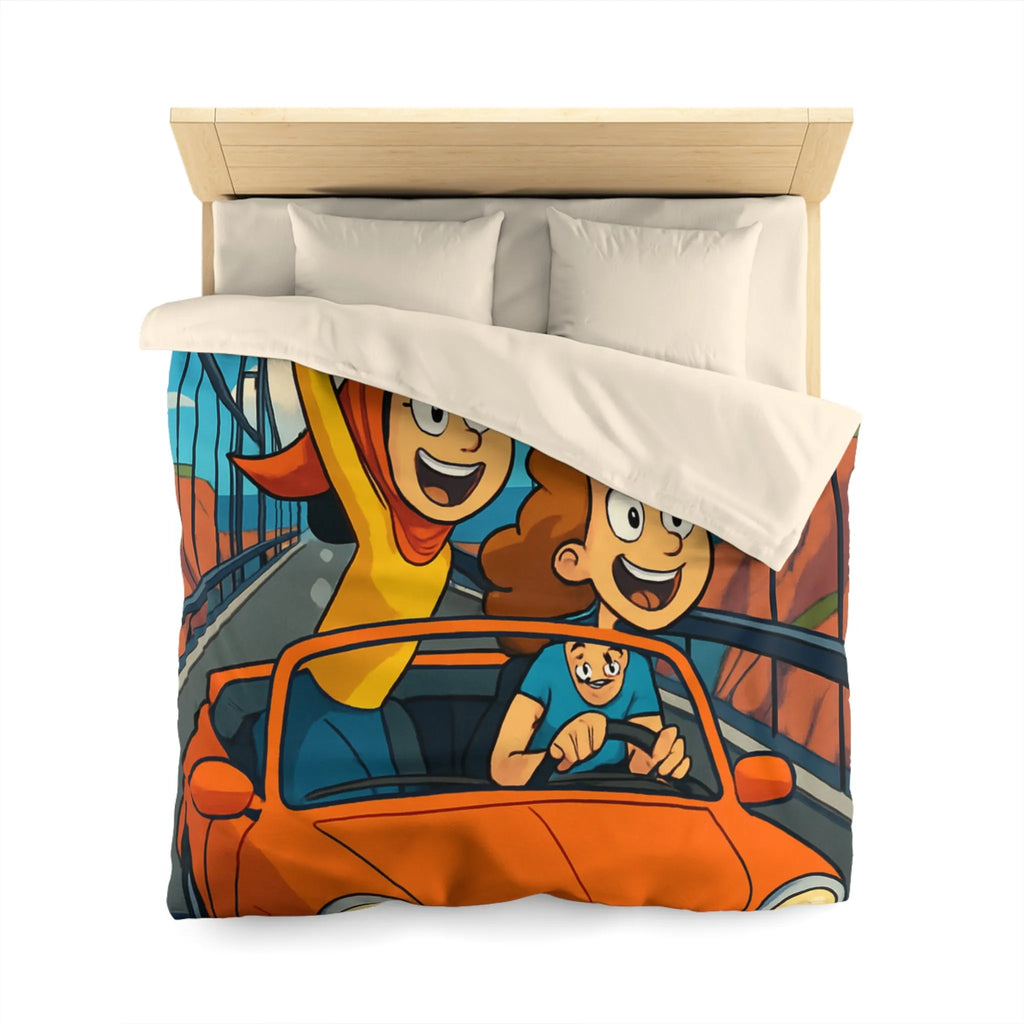 Housse de couette colorée avec illustration de famille en voiture sur pont suspendu