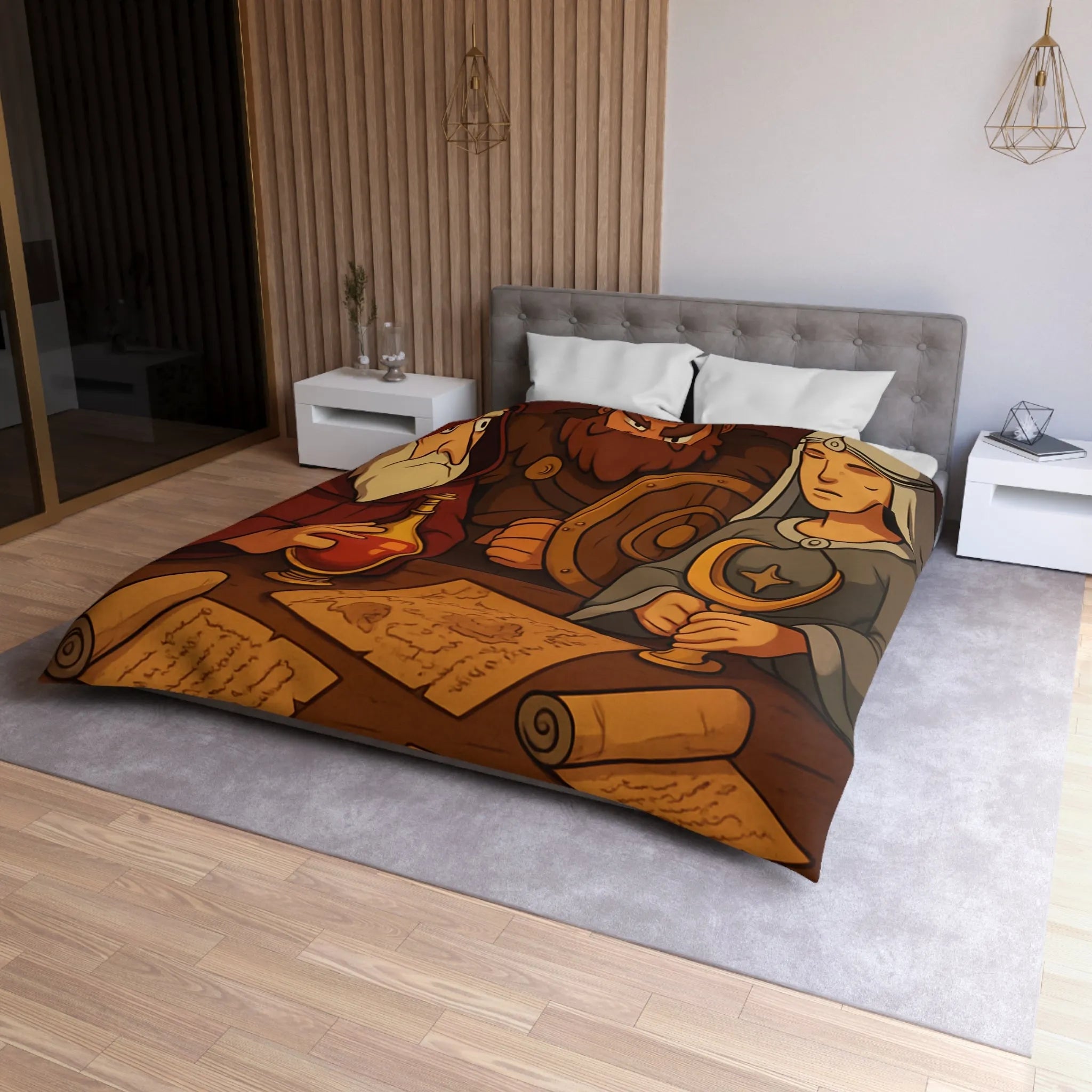 Housse de couette médiévale avec guerrier, mage et princesse tenant des artefacts anciens