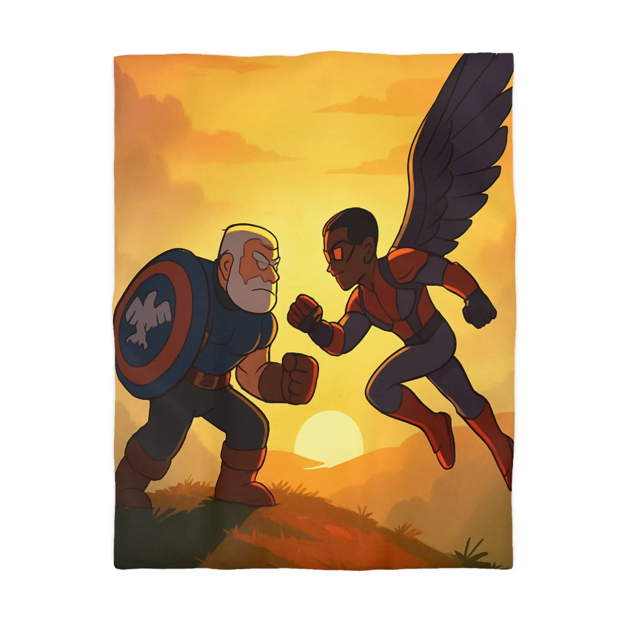 Housse de couette épique avec scène de combat héroïque au coucher du soleil