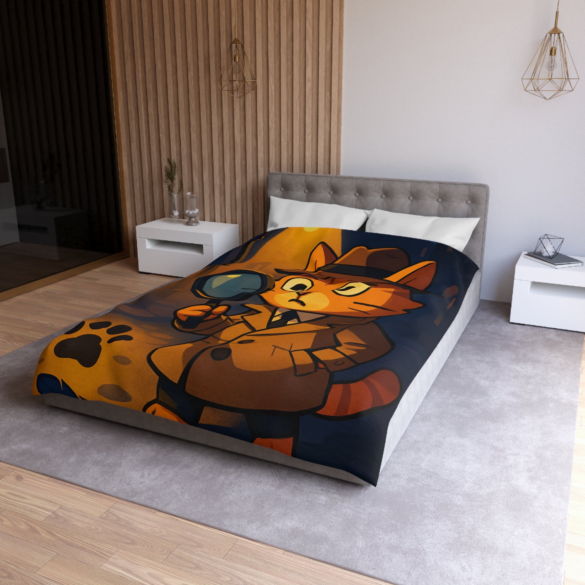 Housse de couette motif chat détective illustré avec lampe et empreinte mystérieuse