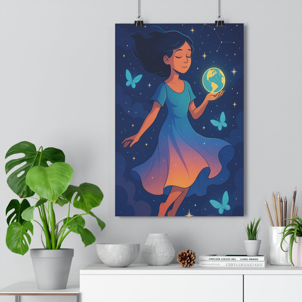 Poster décoratif céleste bleu jaune cartoon rêveuse enfant poétique chambre ambiance paisible format 30