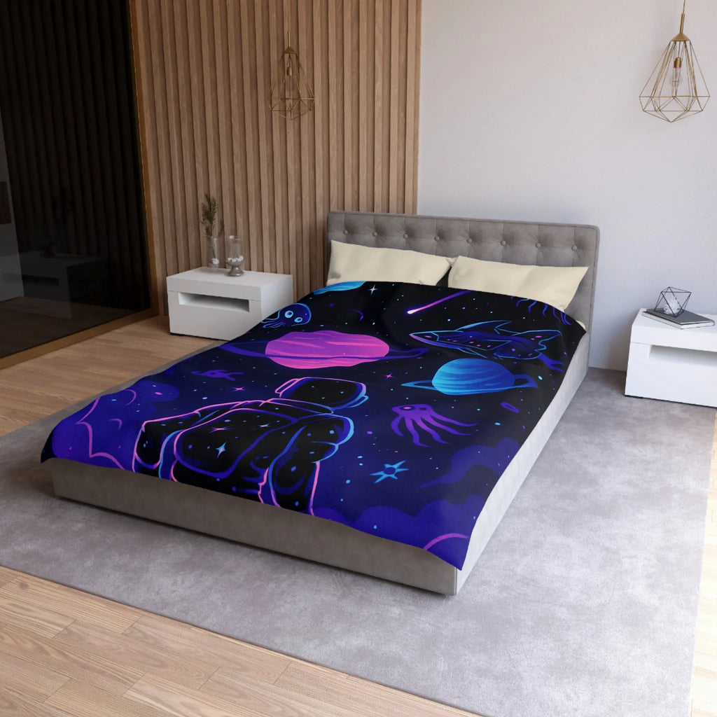 Housse de couette cosmique colorée avec astronaute, planètes et motifs galactiques rêveurs