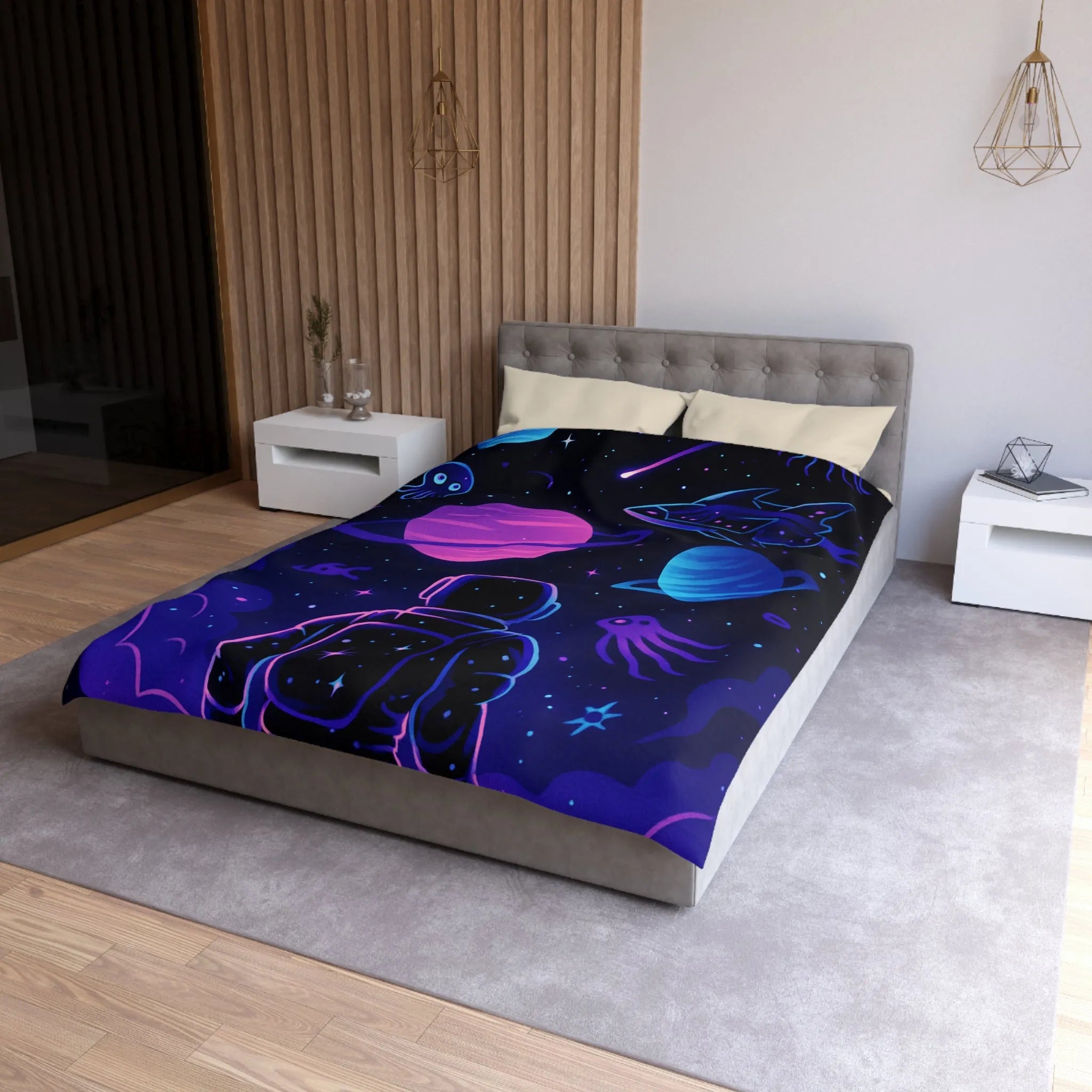Housse de couette cosmique colorée avec astronaute, planètes et motifs galactiques rêveurs
