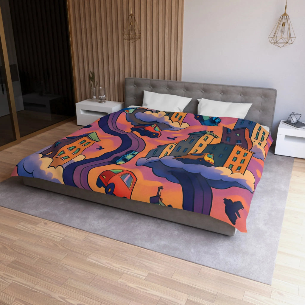 Housse de couette artistique avec voitures volantes et gratte-ciels à l'aube colorée