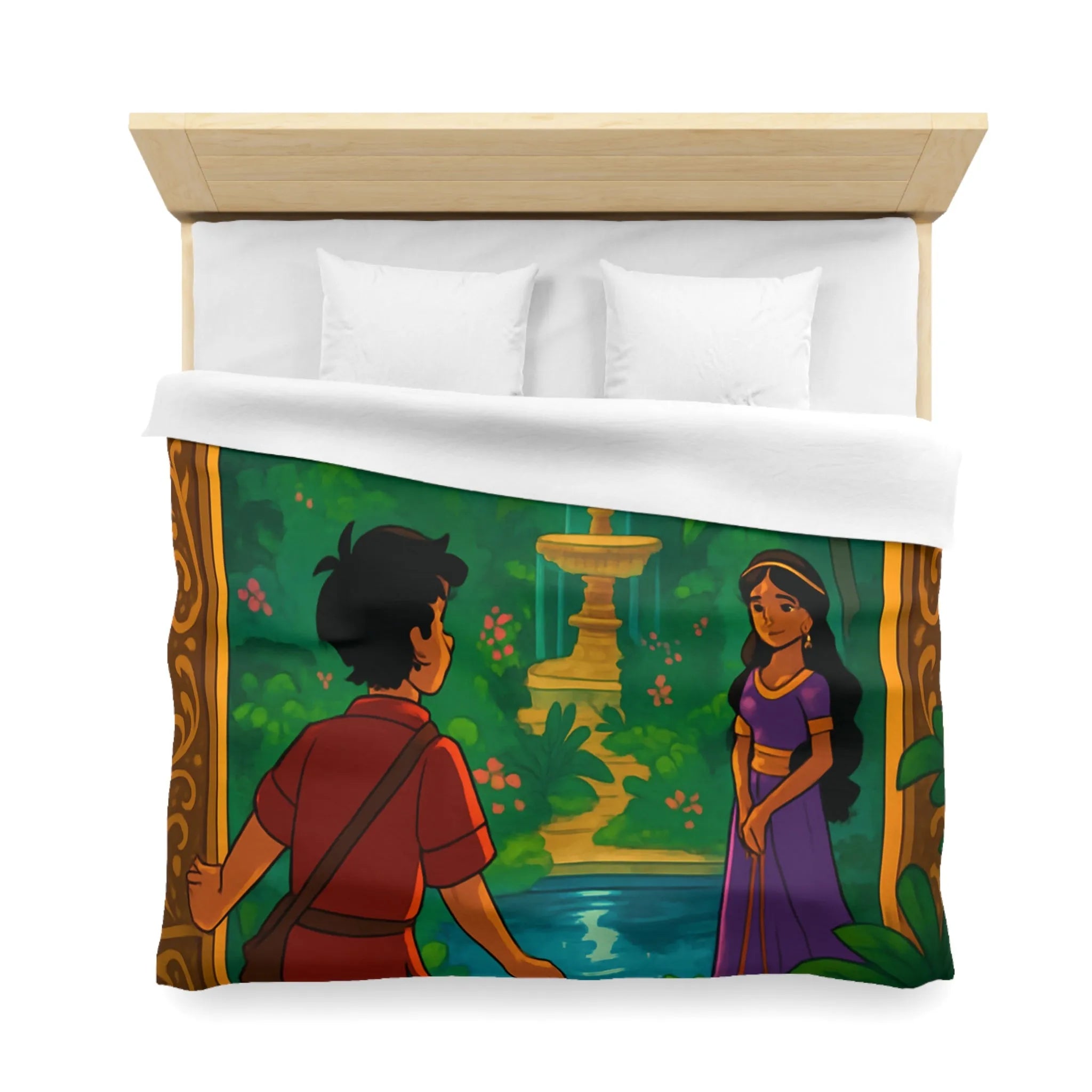 Housse De Couette Enchantée Illustrant Jardin Nocturne Avec Fontaine Et Clair De Lune