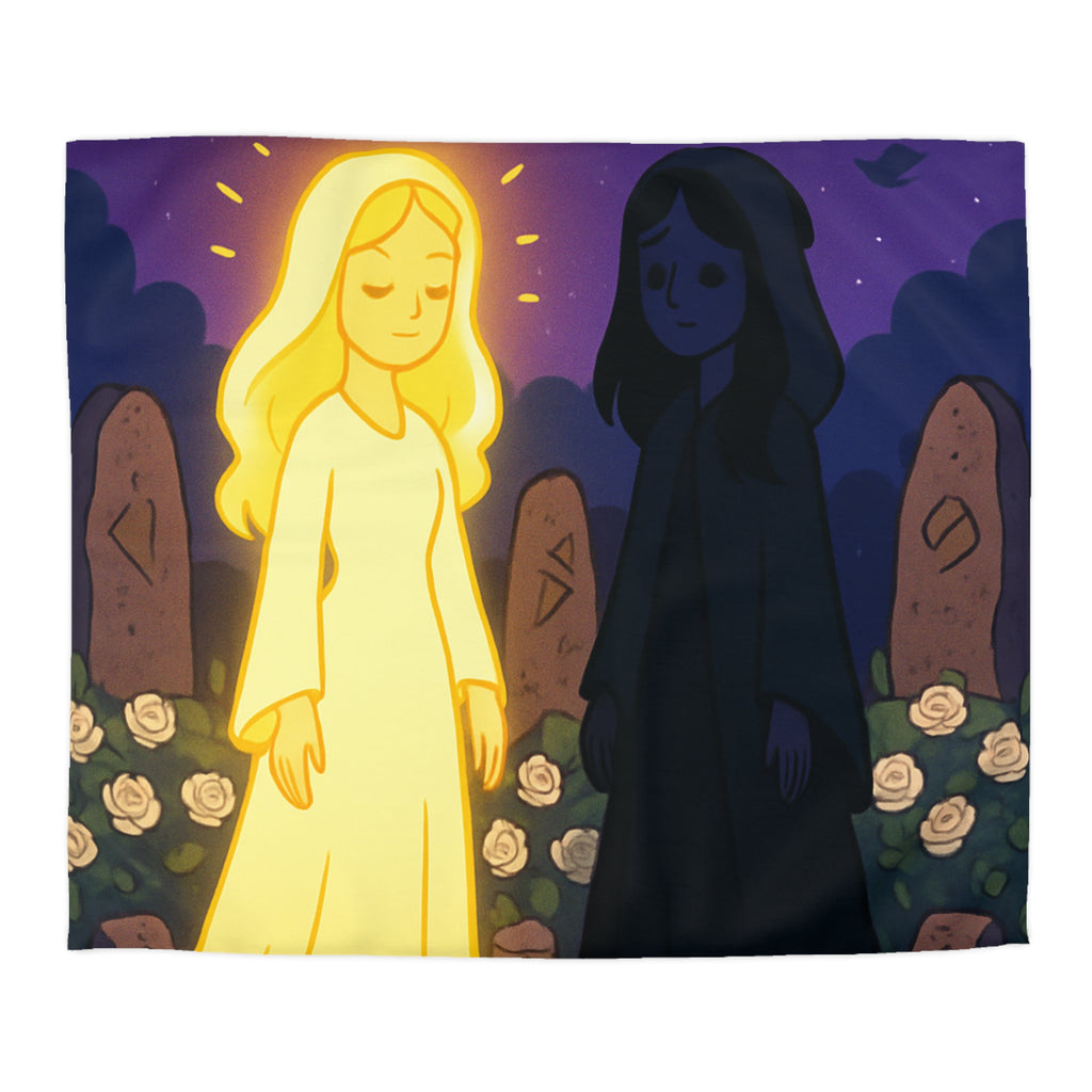 Housse de couette réversible avec deux figures mystérieuses en contraste lumineux, nature étoilée