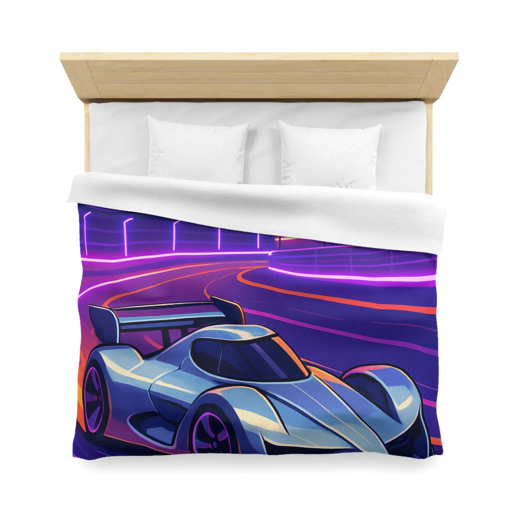 Housse de couette de voiture futuriste dérapante sur circuit éclairé au coucher du soleil