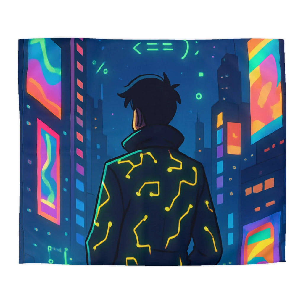 Housse de couette futuriste avec affichage numérique néon dans une ville cyberpunk