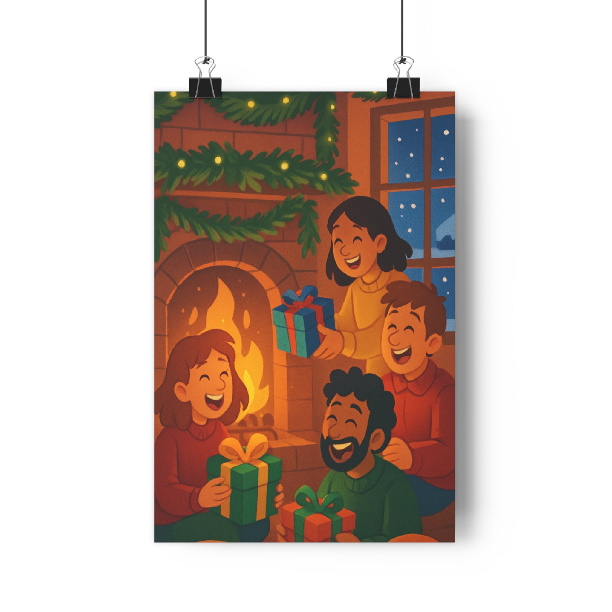 Poster décoratif joyeux Noël chaleureux rouge vert salon cheminée sapin neige ambiance festive maison