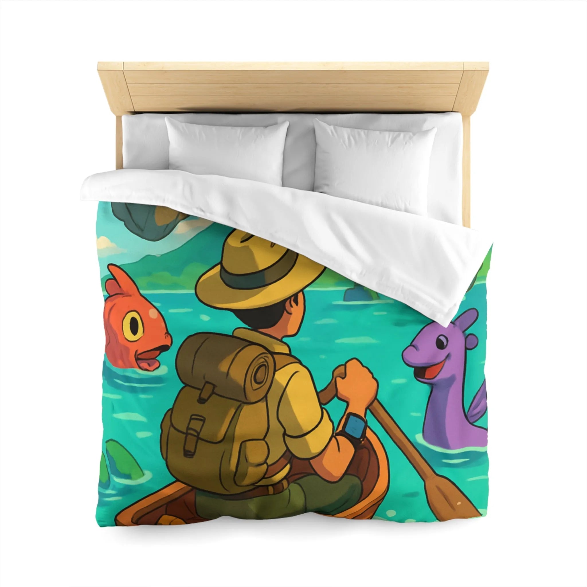 Housse de couette île volcanique exotique avec aventurier et créatures marines colorées