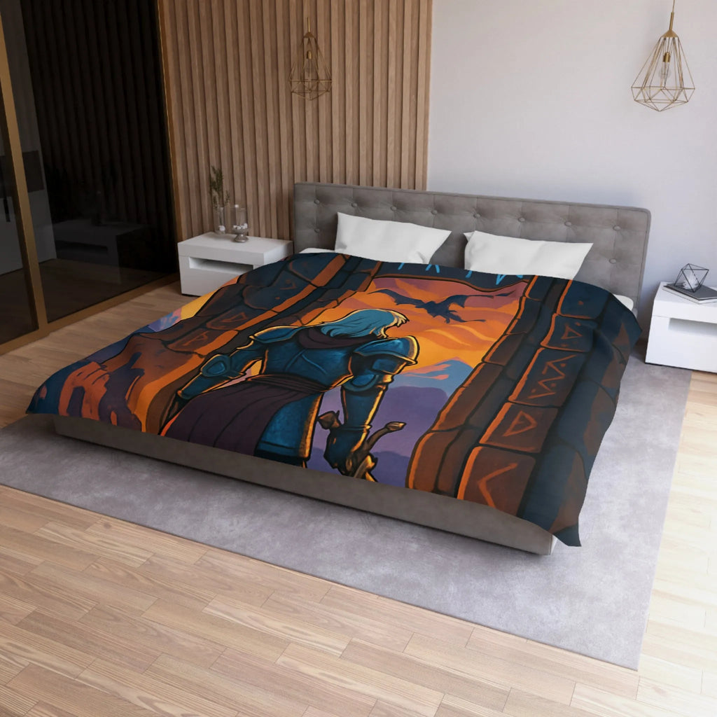 Chevalier Armé Face à Dragon, Paysage Médiéval au Ciel Orange Épique pour Chambre