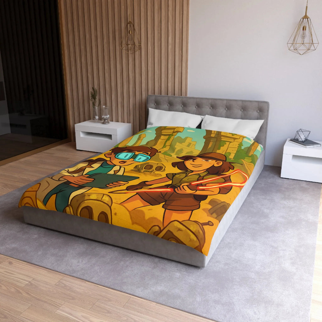 Housse de couette aventuriers explorant ruines mystérieuses en style cartoon animé coloré