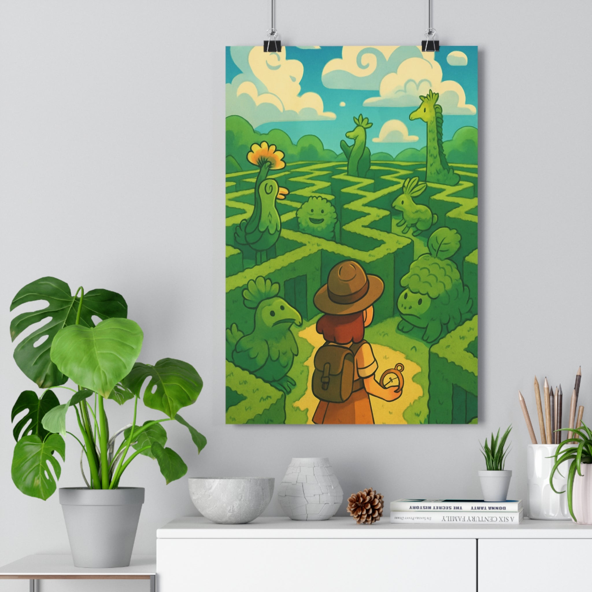 Poster décoratif animé vert jaune aventure fantastique enfant chambre mystique illustration créature magique rêve