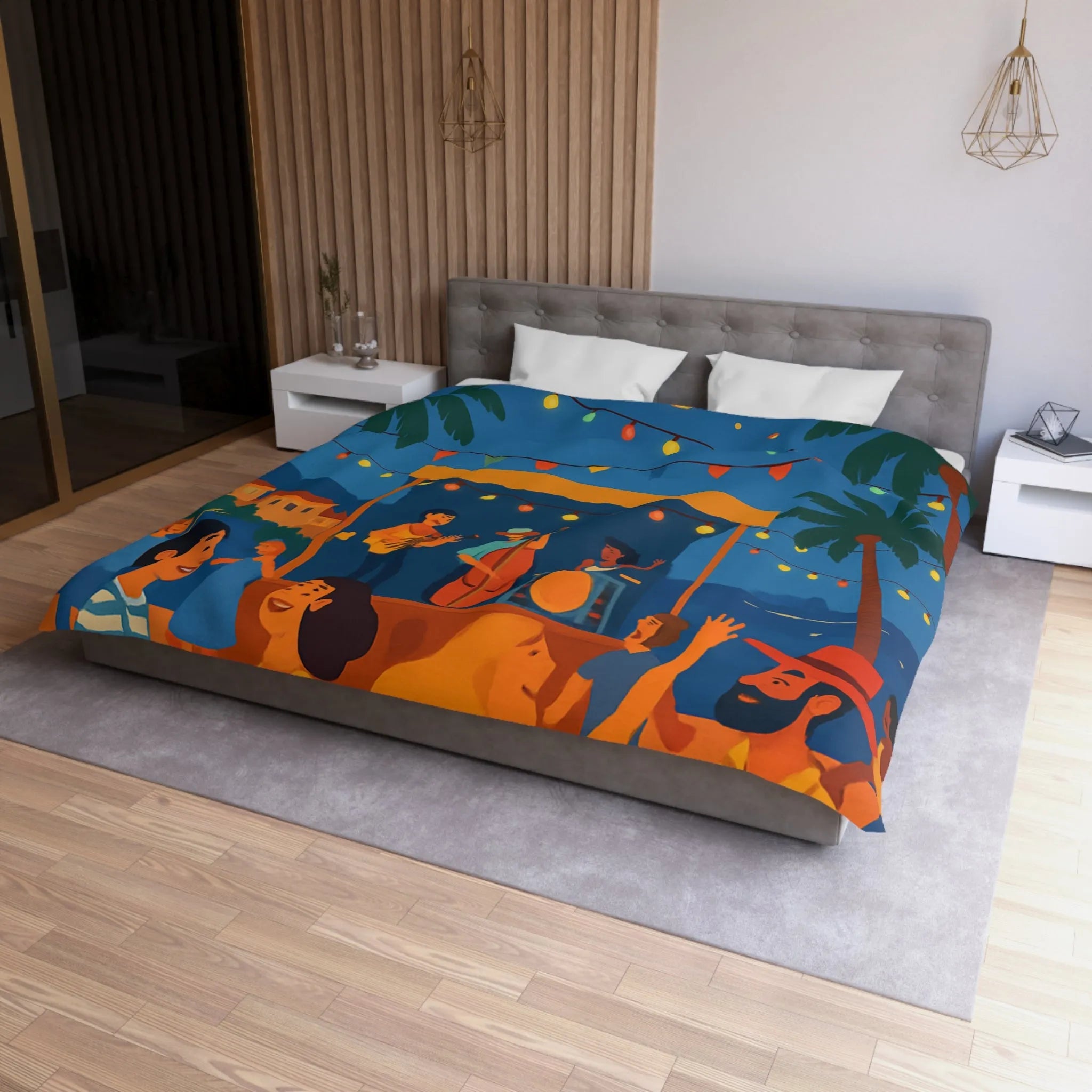 Housse de couette estivale scène festivale tropicale avec danseurs et lanternes lumineuses