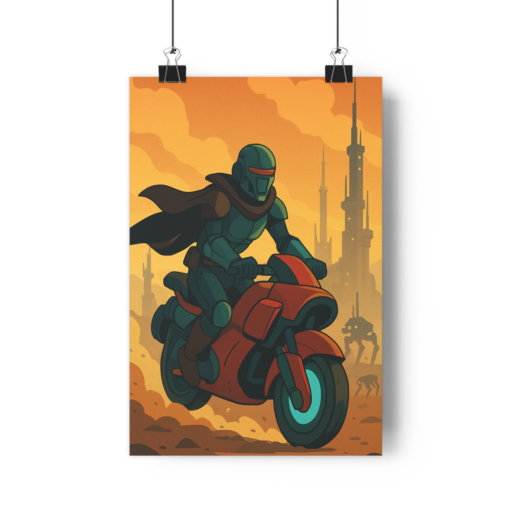 Poster décoratif futuriste orange moto personnage animé intense salon chambre aventure dynamique imposant qualité