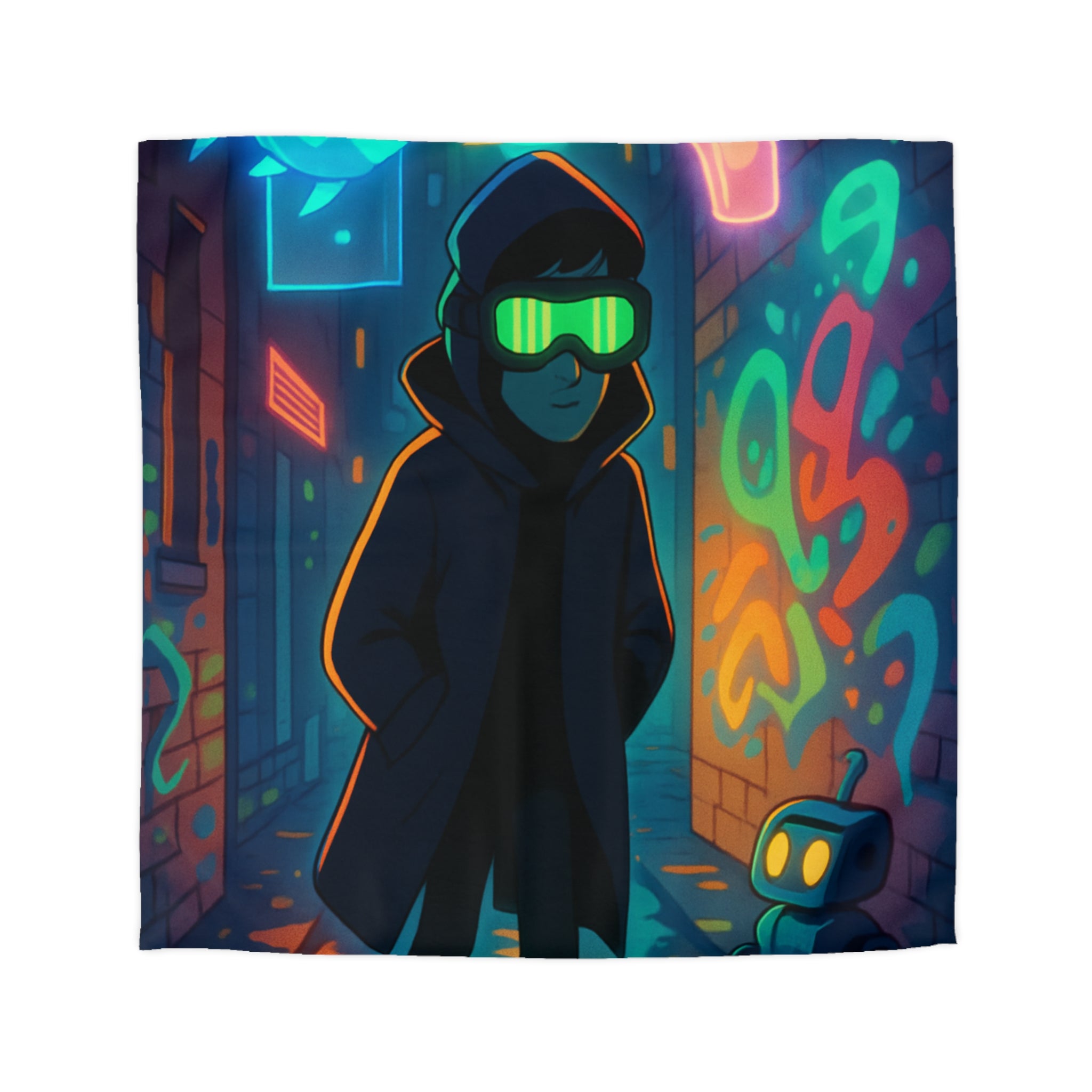 Housse de couette néon, ruelle urbaine cyberpunk avec technologie futuriste et graffitis colorés