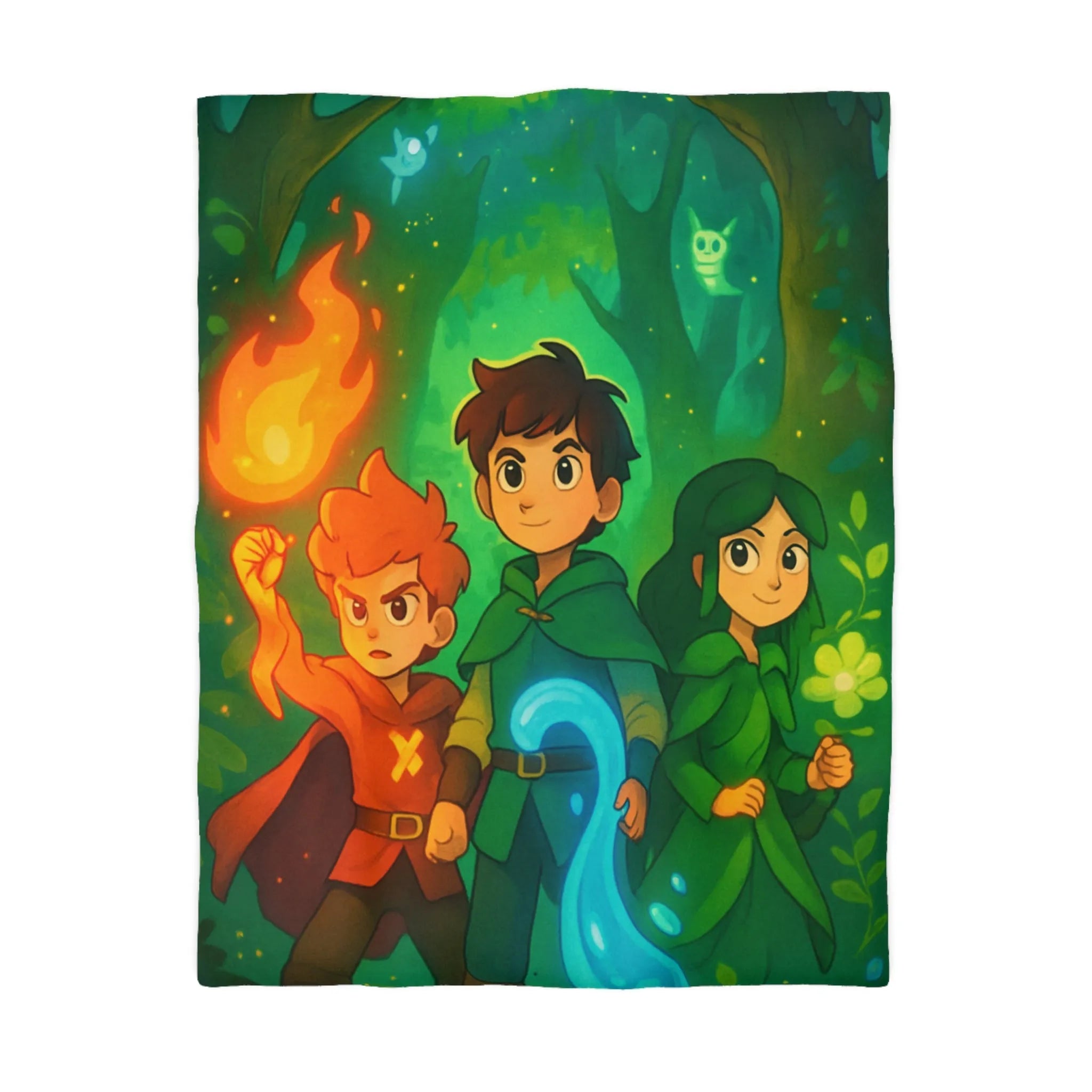 Housse de couette enchantée avec personnages magiques dans une forêt lumineuse et colorée