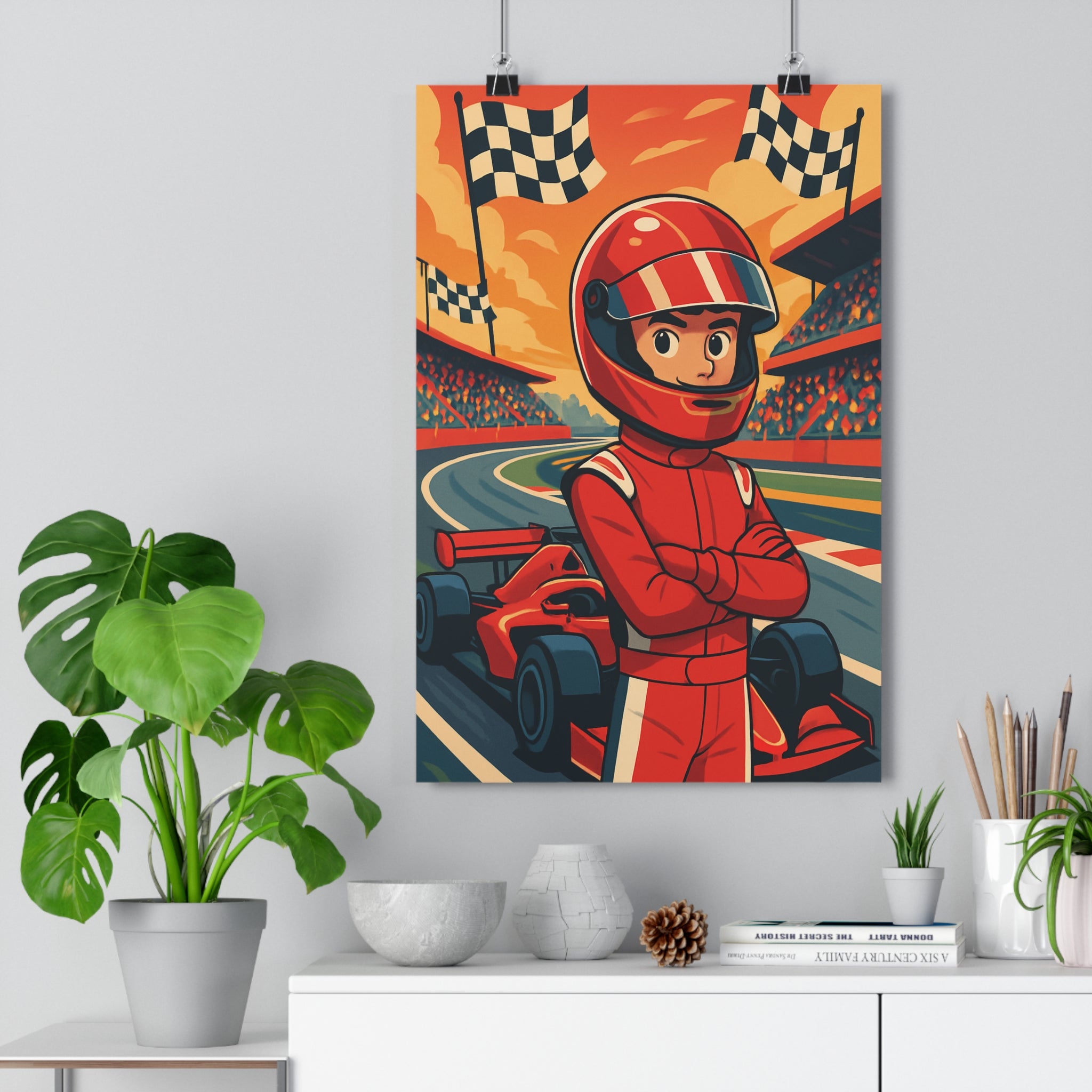 Poster décoratif rouge cartoon dynamique excitant course voiture pilote chambre enfant vibrant qualité premium