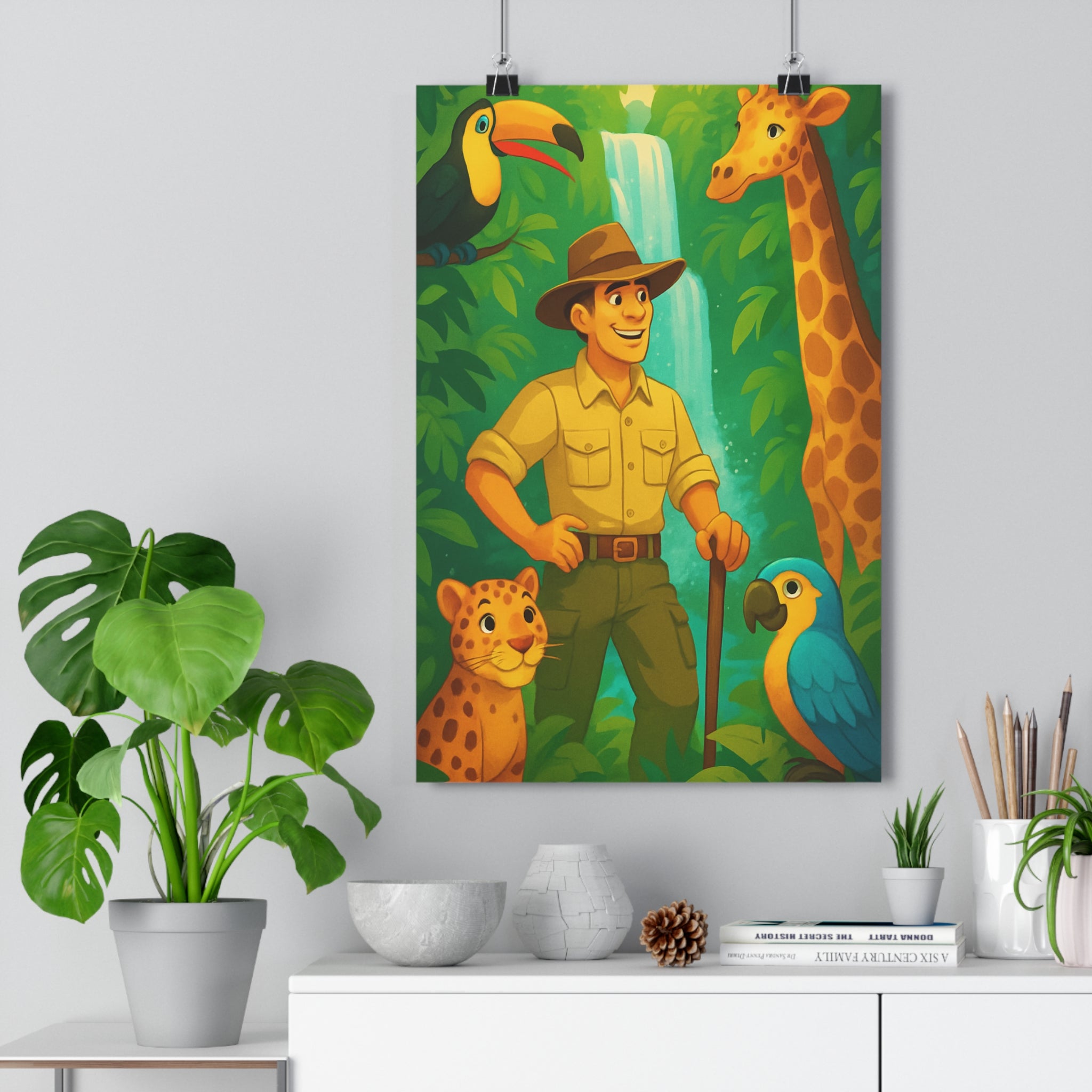 Poster décoratif aventure jungle vert jaune enfant explorateur cascade nature animaux vif coloré 30x46
