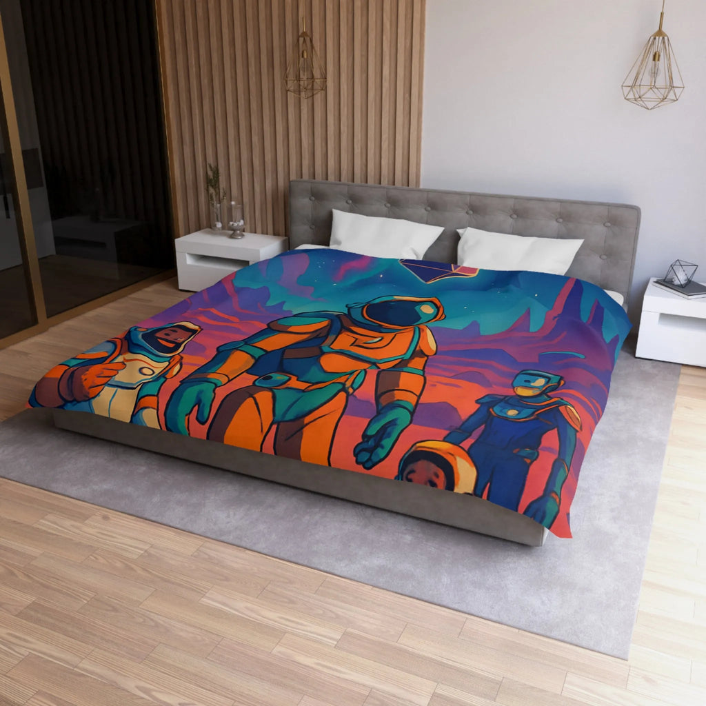 Housse de couette avec des astronautes et formes géométriques sous ciel étoilé coloré