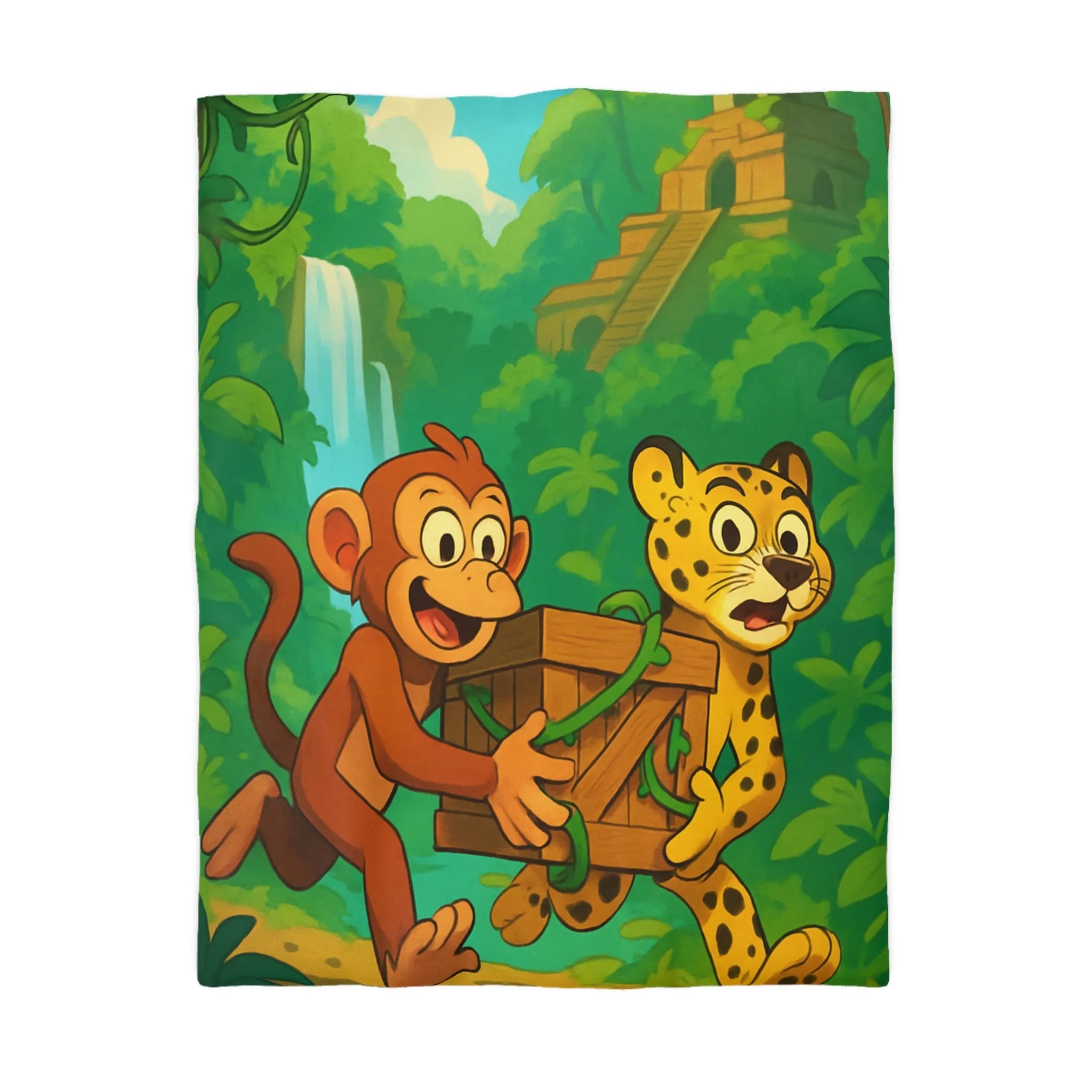 Housse de Couette Jungle Aventure: Singe et Léopard En Explorateurs Cachés dans La Forêt