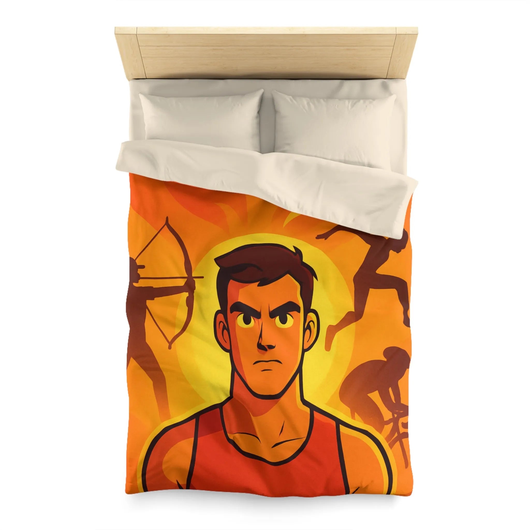 Housse de couette dynamique orange avec motifs sportifs et personnages déterminés en action