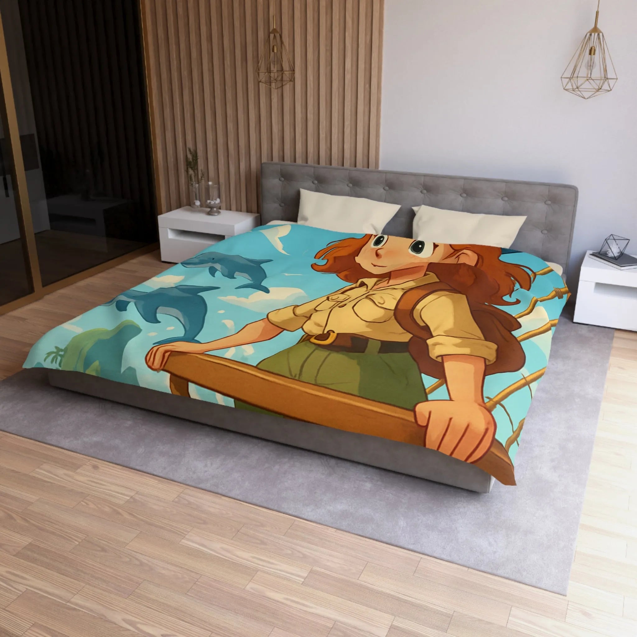 Housse de couette aventure nautique enfantine avec dauphins, voile et exploration marine animée