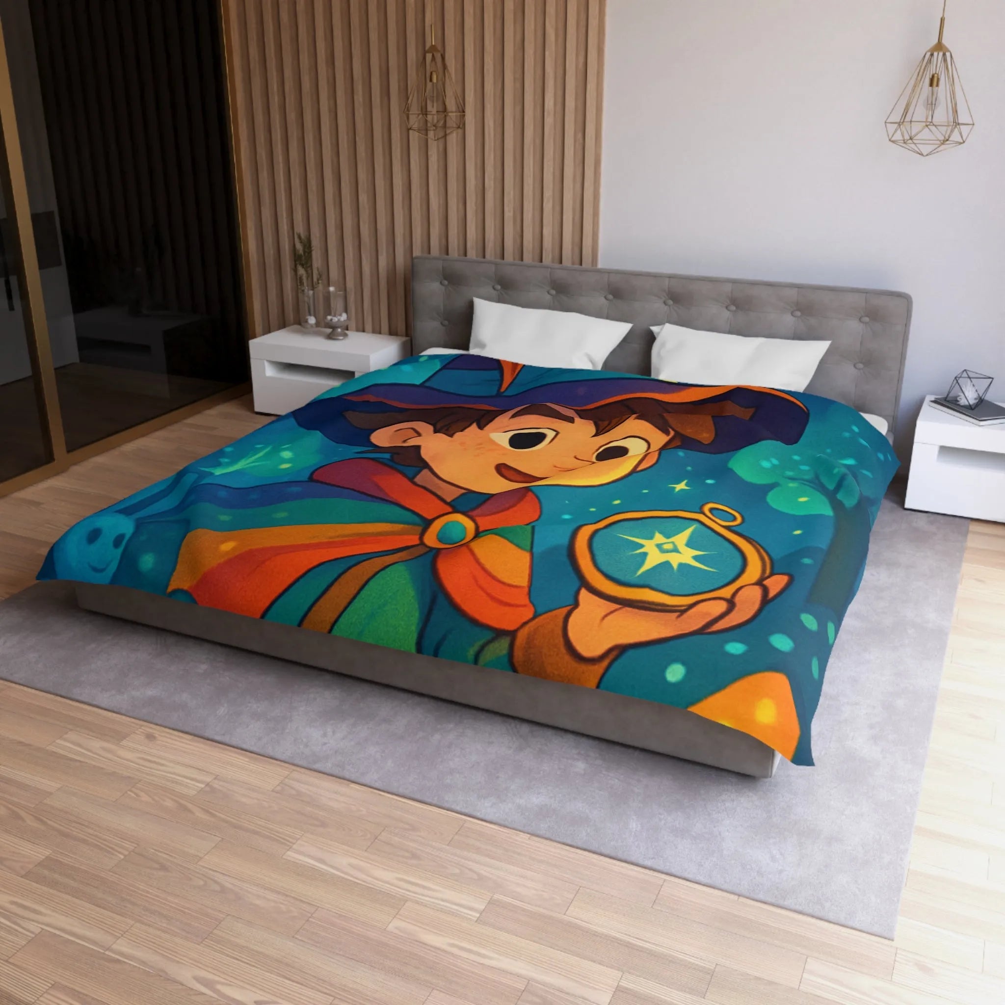 Housse de Couette Enfant Fantasy avec Sorcier et Dragon dans Forêt Enchantée Étoilée