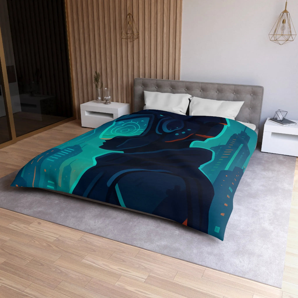 Housse de couette futuriste avec casque de réalité virtuelle et gratte-ciels lumineux